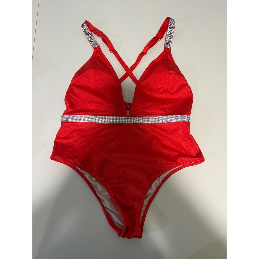 Victoria's Secret Shine Strap One Piece Swimsuit Red Rhinestone Logo Medium